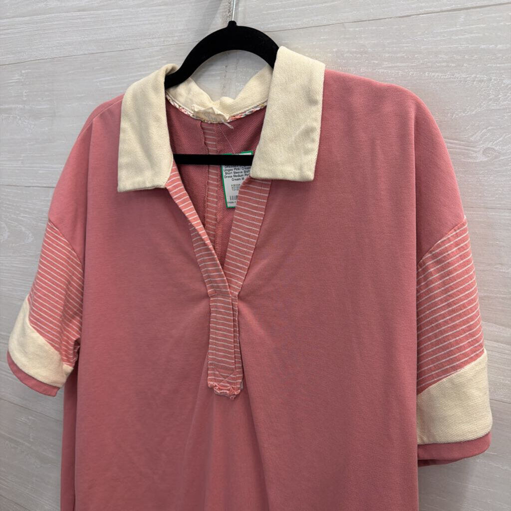 Umgee Pink/ Cream Short Sleeve Shift Dress Medium