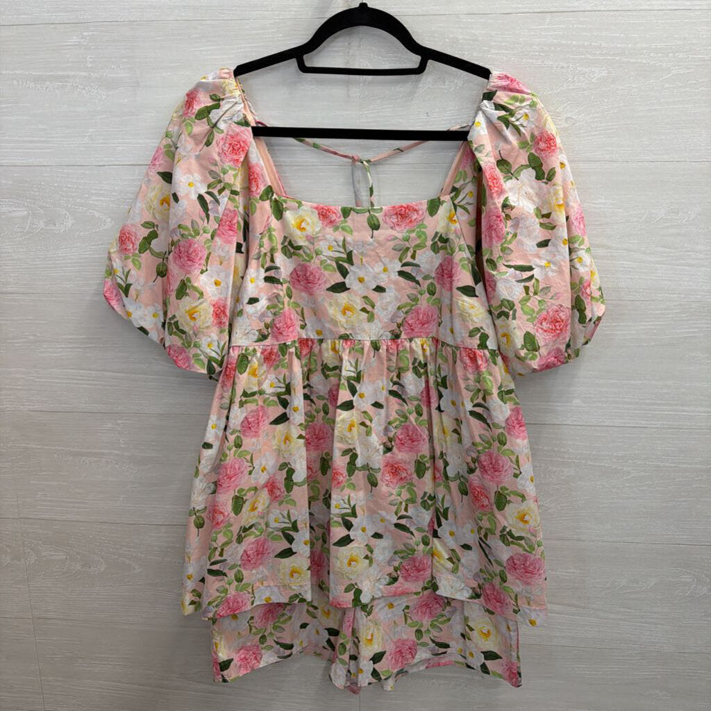 GiGio Pink/ Multi Floral Print Puff Sleeve Dress Medium