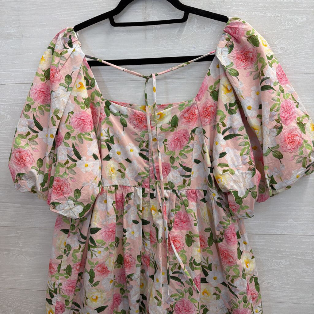 GiGio Pink/ Multi Floral Print Puff Sleeve Dress Medium