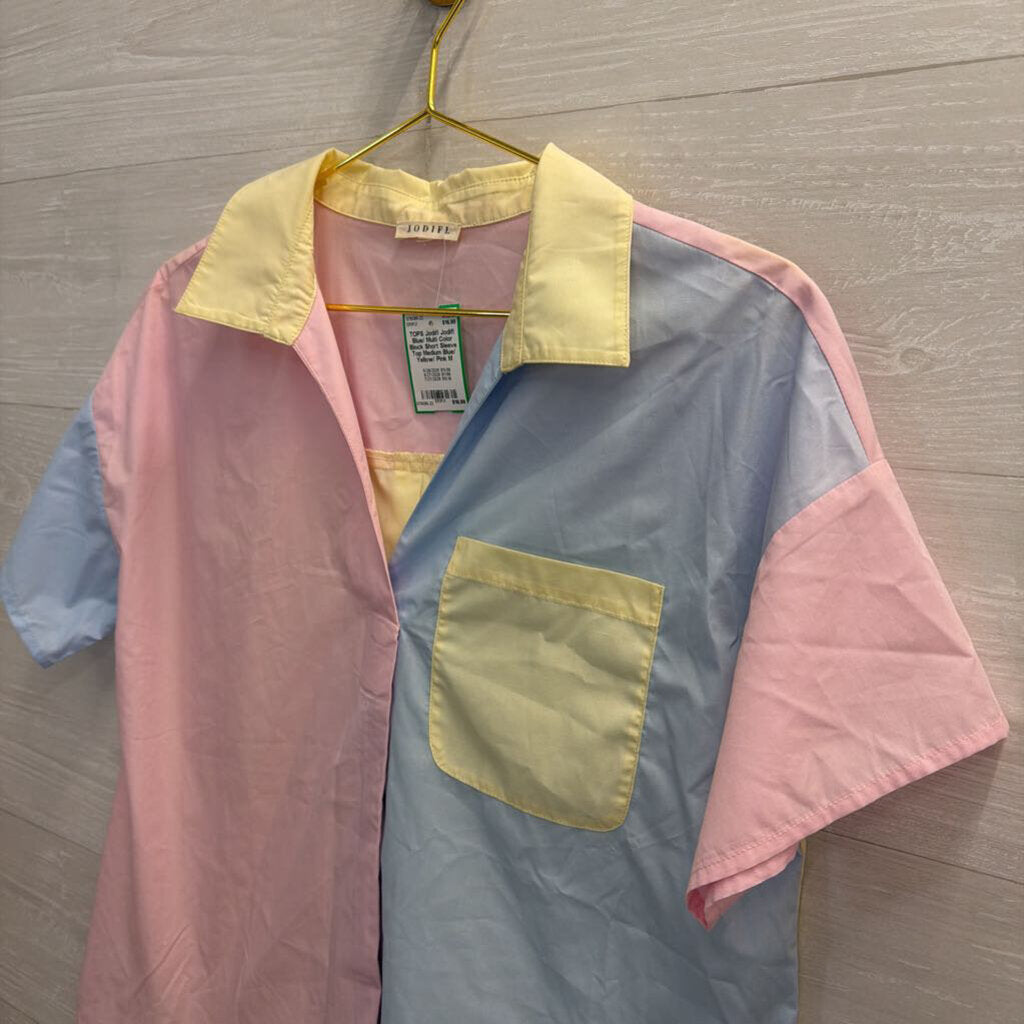 Jodifl Blue/ Multi Color Block Short Sleeve Top Medium
