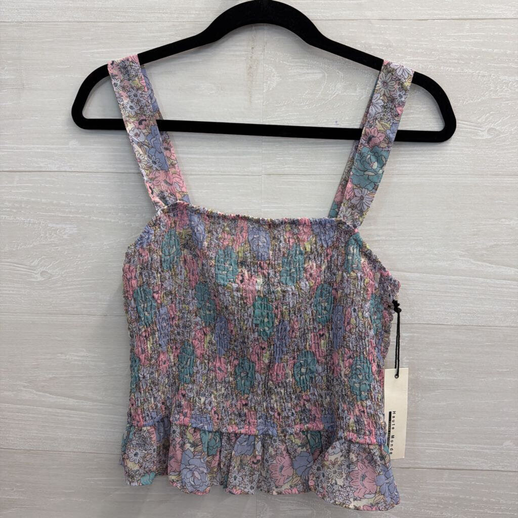 Haute Monde Purple/ Multi Floral Print Smocked Tank/ Midi Skirt Set Large
