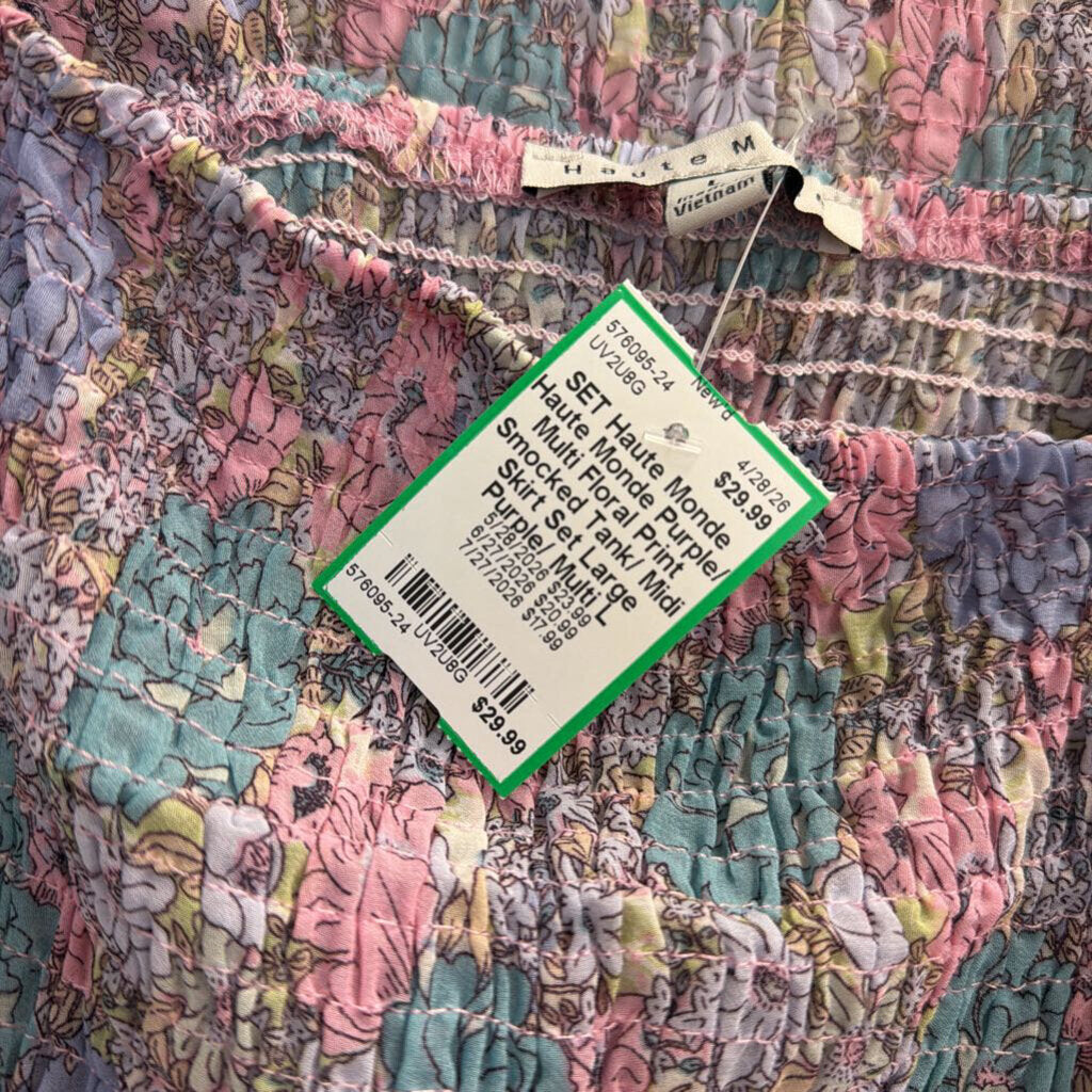 Haute Monde Purple/ Multi Floral Print Smocked Tank/ Midi Skirt Set Large