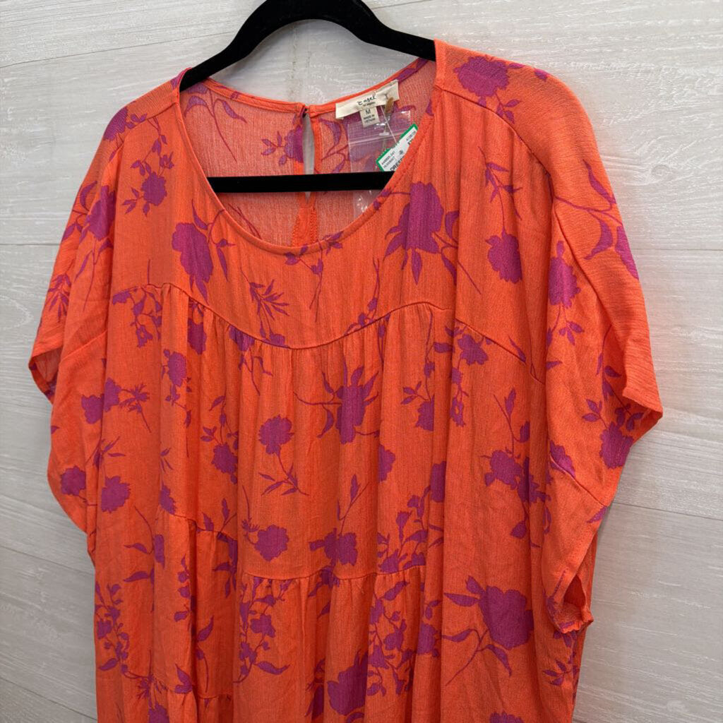 Easel Orange/ Purple Print Short Sleeve Shift Dress Medium