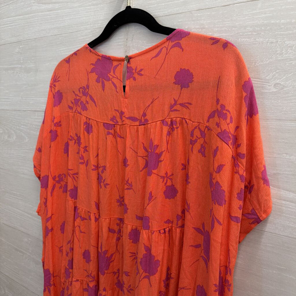 Easel Orange/ Purple Print Short Sleeve Shift Dress Medium