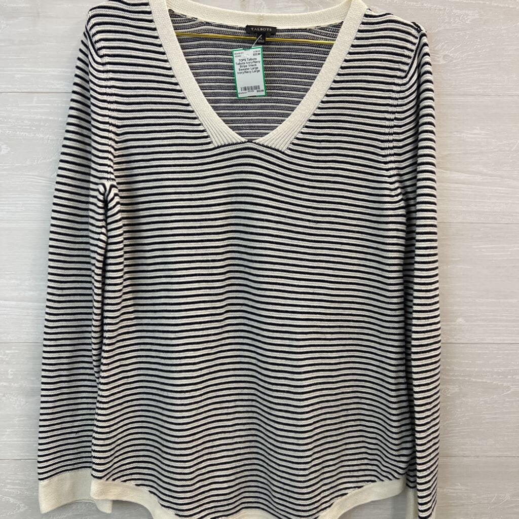 Talbots Ivory/Navy Stripe Vneck Sweater Large