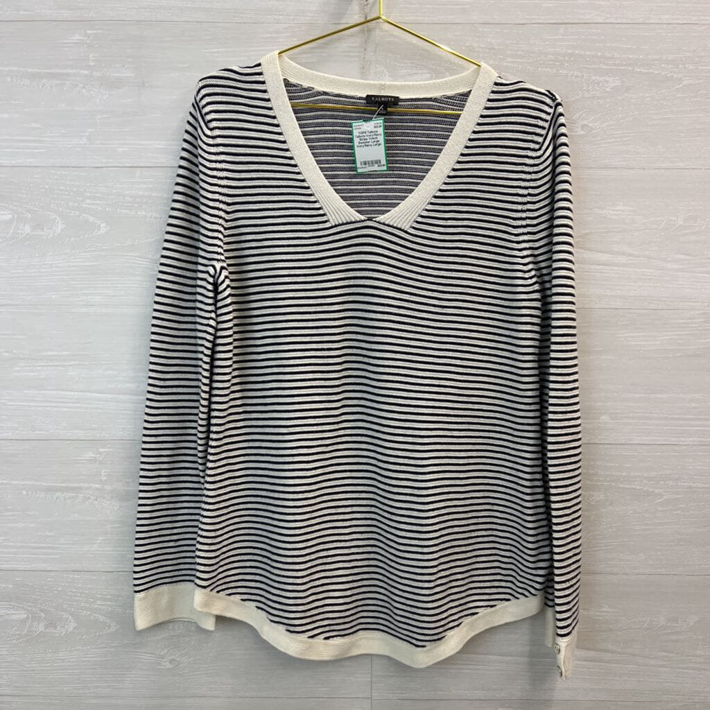 Talbots Ivory/Navy Stripe Vneck Sweater Large