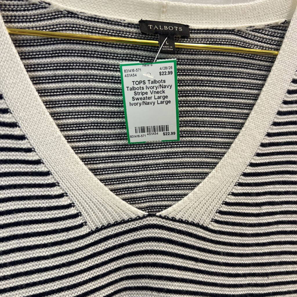 Talbots Ivory/Navy Stripe Vneck Sweater Large