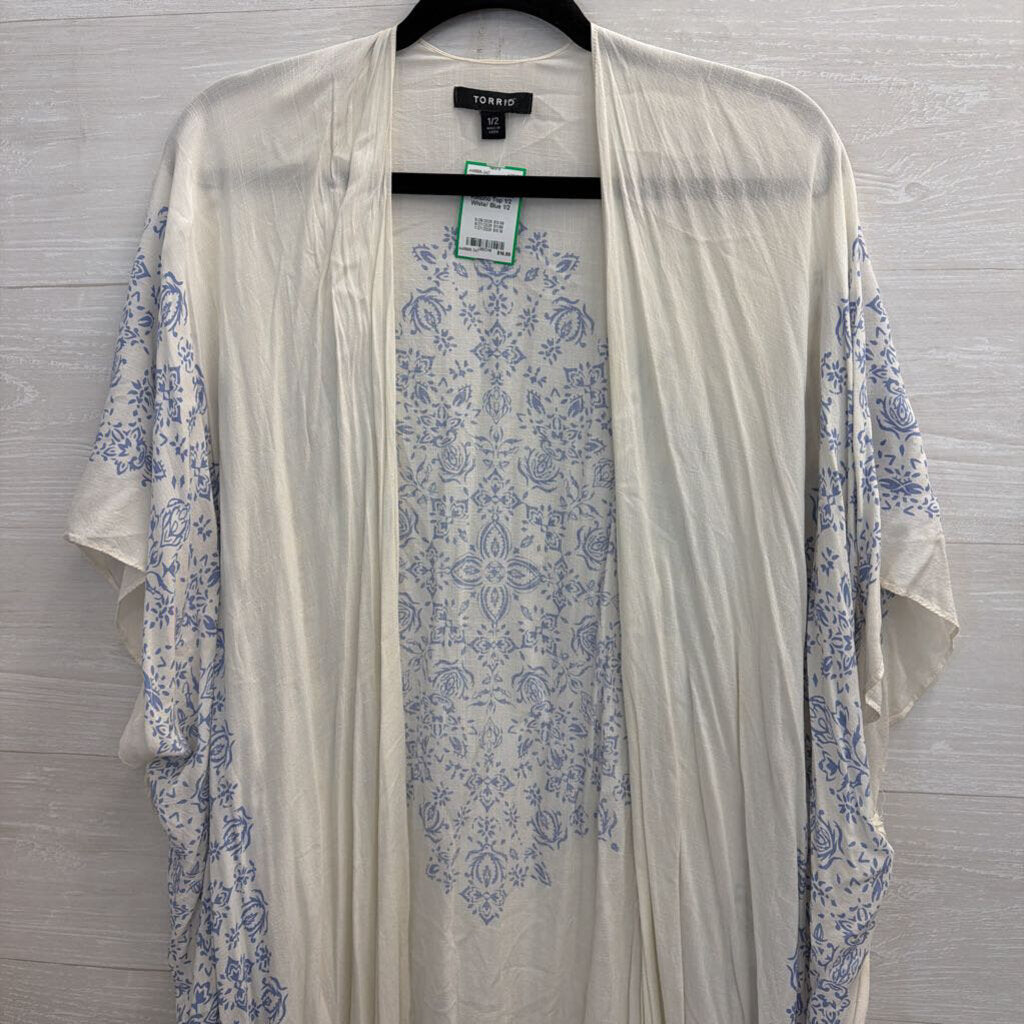 Torrid White/ Blue Print Kimono Top 1/2
