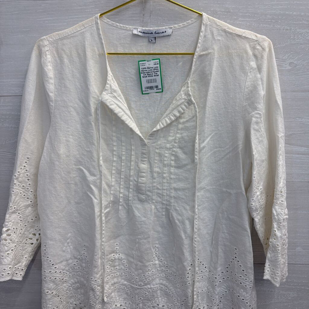 Marina Luna White Embroidered Eyelet 3/4 Sleeve Top Small