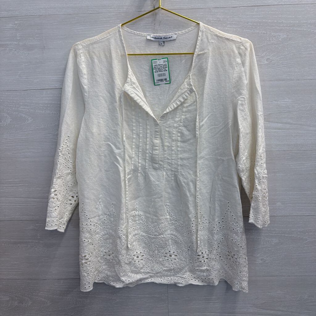 Marina Luna White Embroidered Eyelet 3/4 Sleeve Top Small
