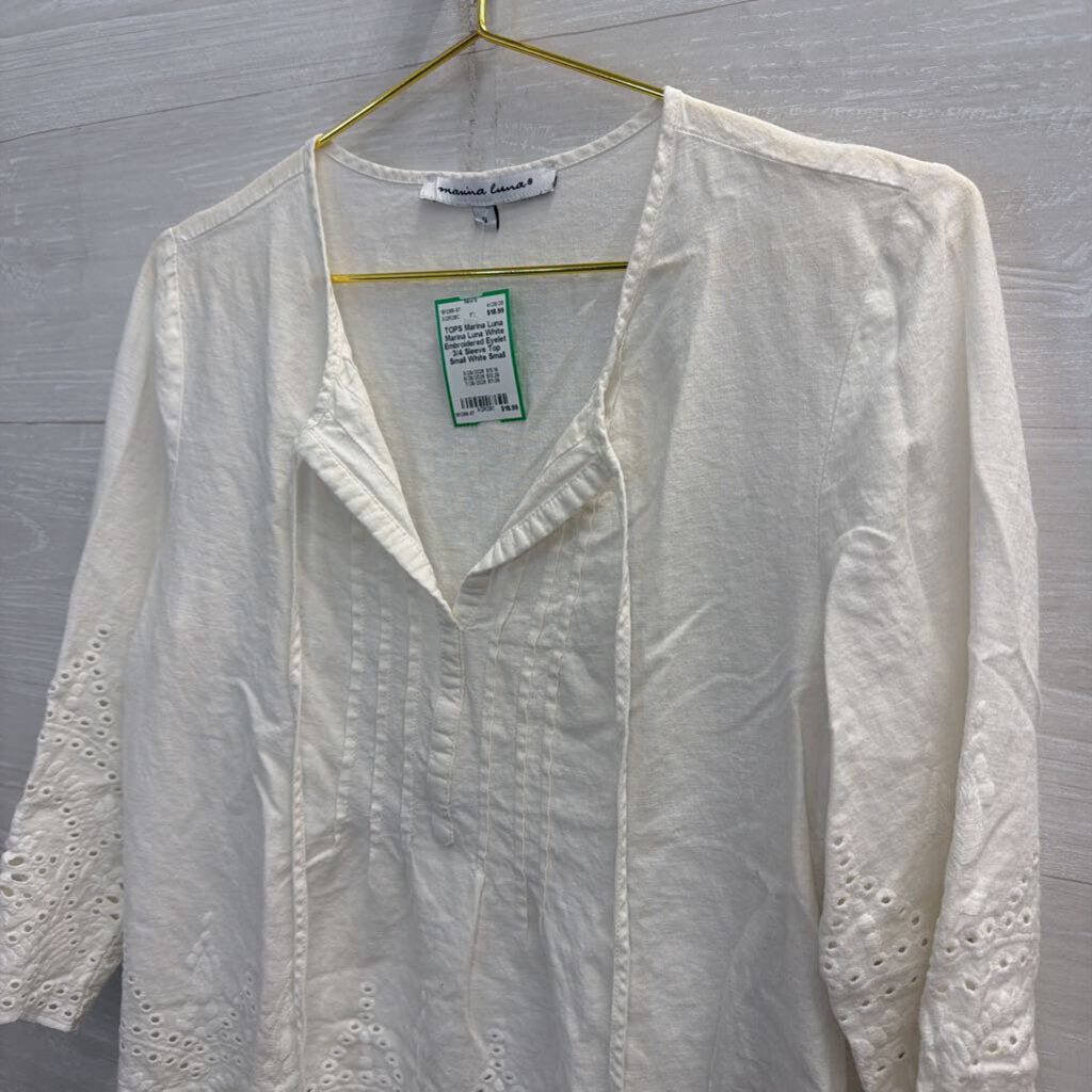 Marina Luna White Embroidered Eyelet 3/4 Sleeve Top Small