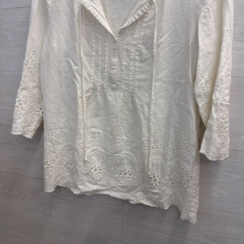 Marina Luna White Embroidered Eyelet 3/4 Sleeve Top Small