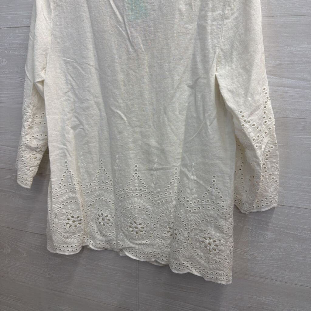 Marina Luna White Embroidered Eyelet 3/4 Sleeve Top Small