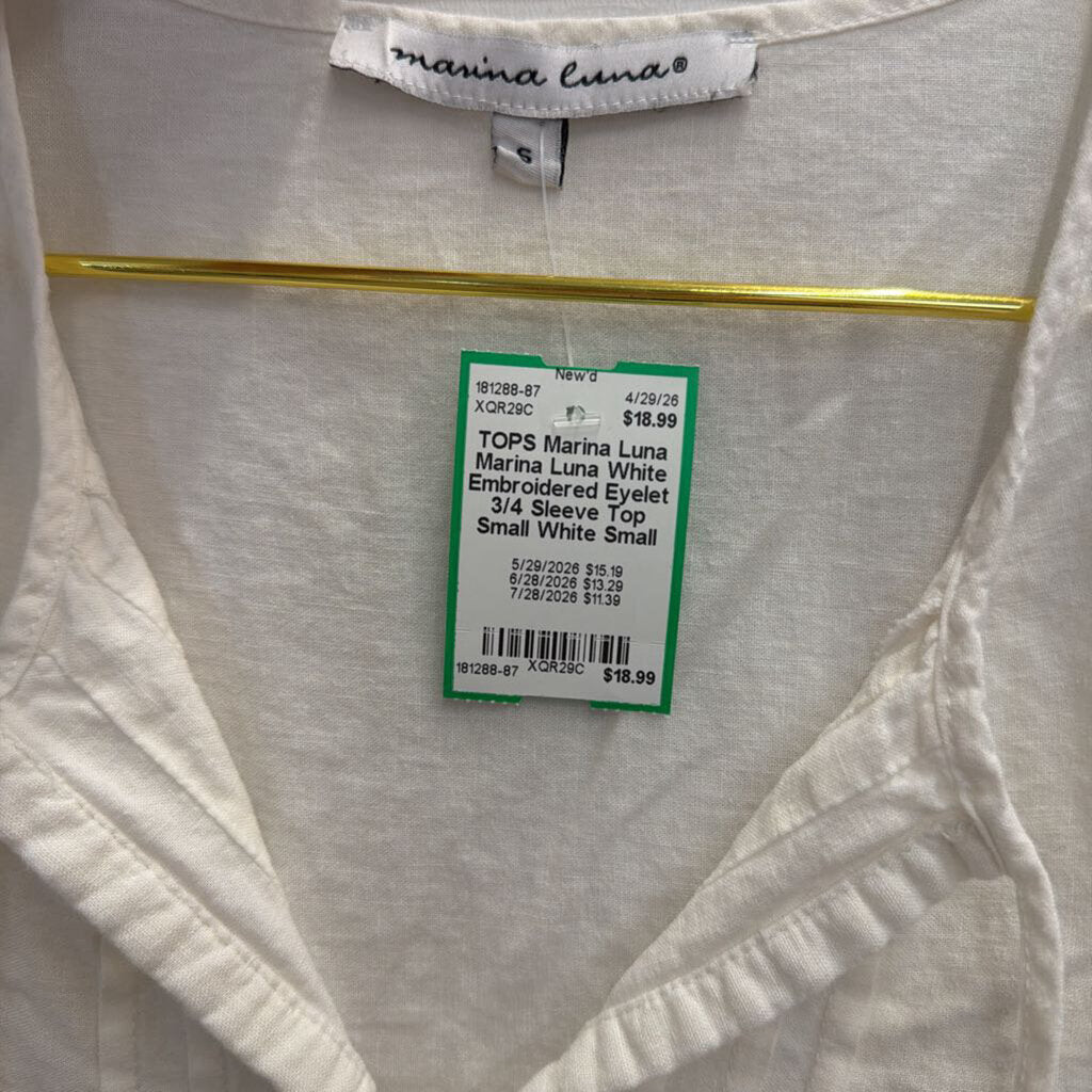 Marina Luna White Embroidered Eyelet 3/4 Sleeve Top Small