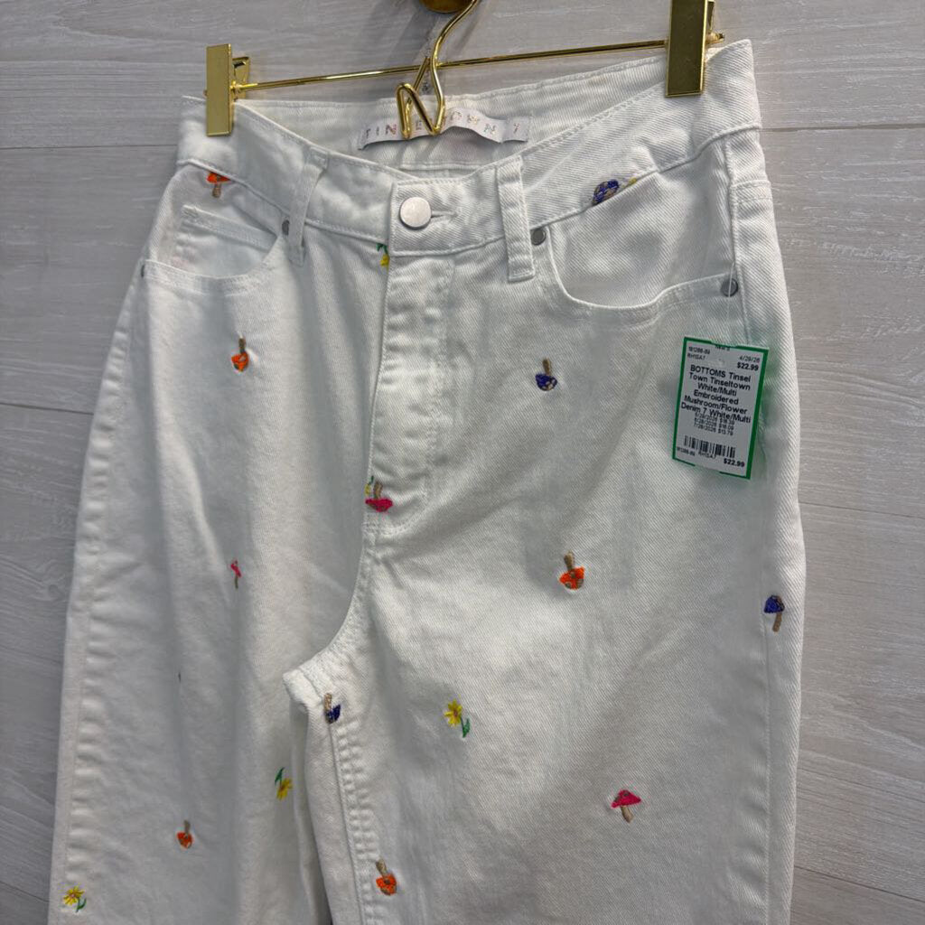 Tinseltown White/Multi Embroidered Mushroom/Flower Denim 7