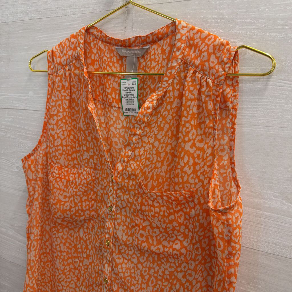 Banana Republic Orange/White Animal Print V-Neck Tank Medium