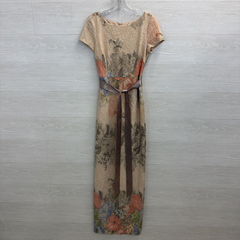 Adrianna Papell Beige/Multi Floral Print Column Dress with Ribbon Belt 2