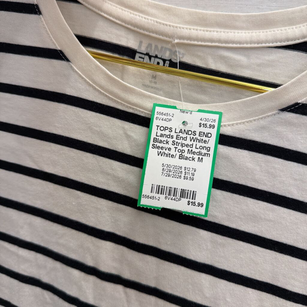 Lands End White/ Black Striped Long Sleeve Top Medium
