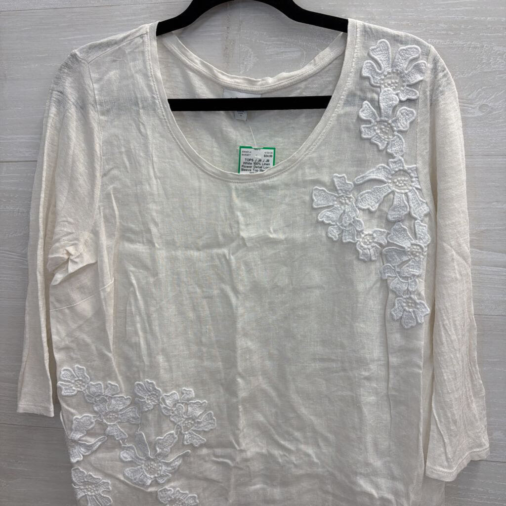 J JIll White 100% Linen Flower Detail Long Sleeve Top Medium