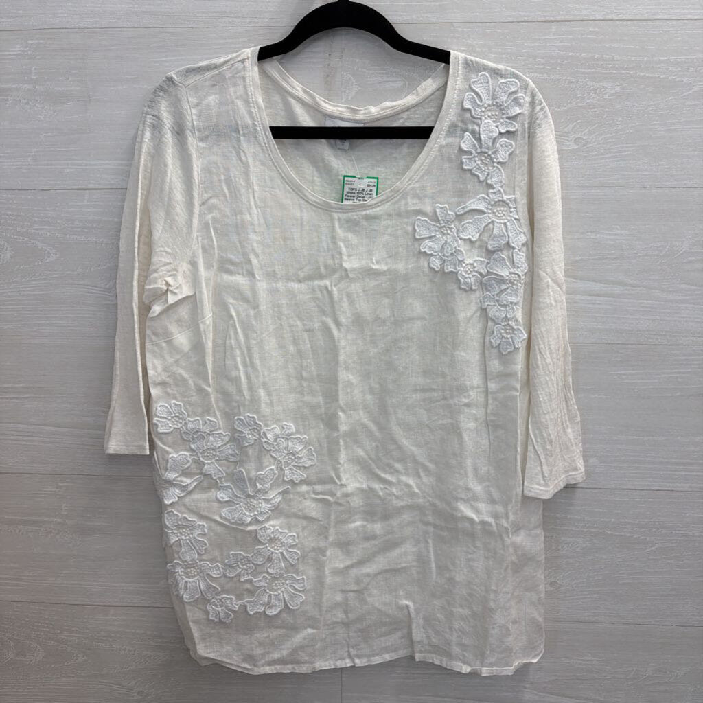 J JIll White 100% Linen Flower Detail Long Sleeve Top Medium