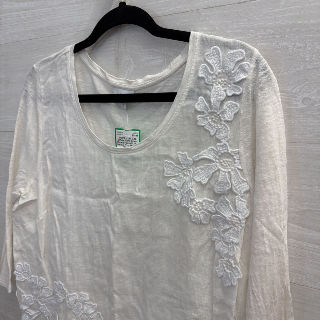 J JIll White 100% Linen Flower Detail Long Sleeve Top Medium