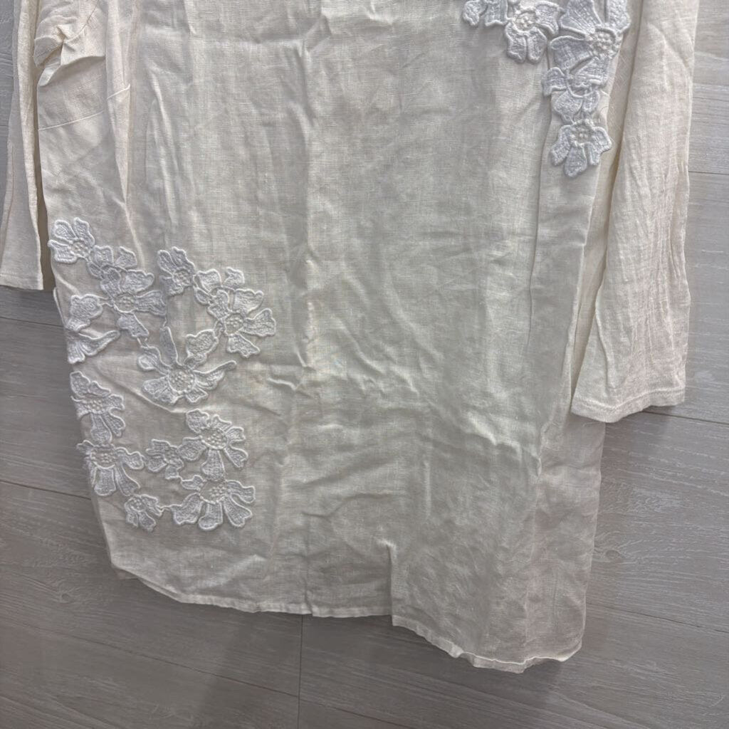 J JIll White 100% Linen Flower Detail Long Sleeve Top Medium