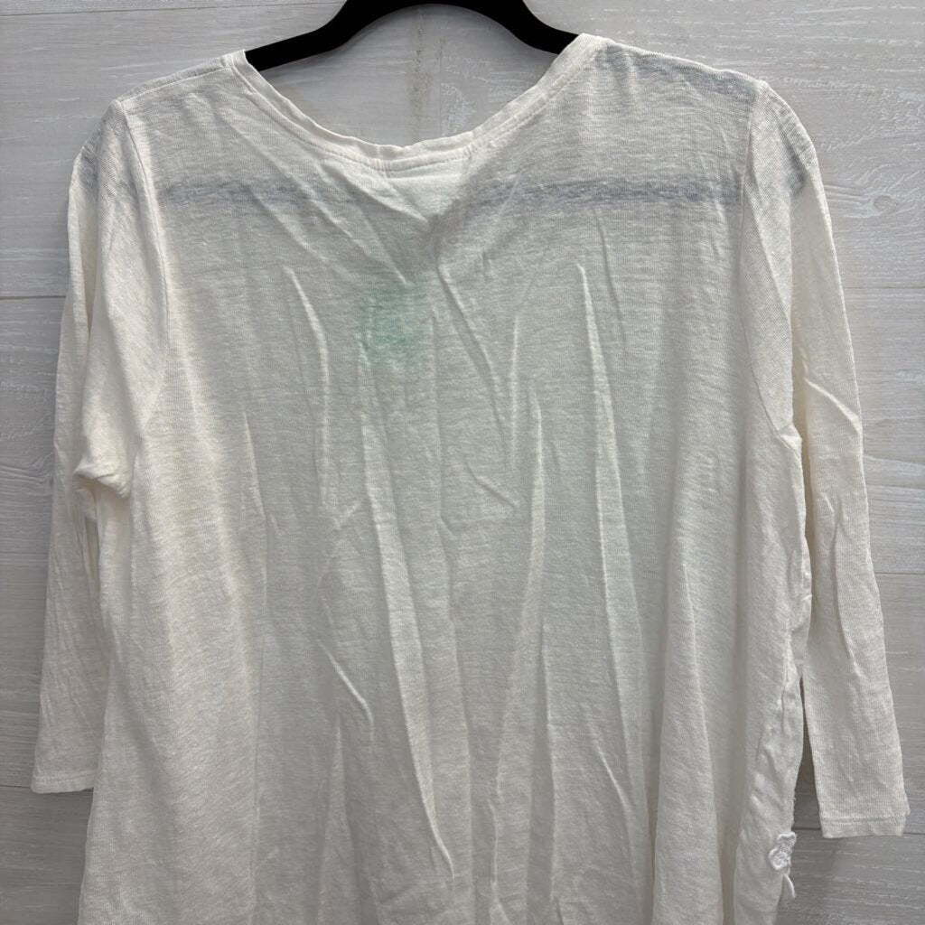 J JIll White 100% Linen Flower Detail Long Sleeve Top Medium