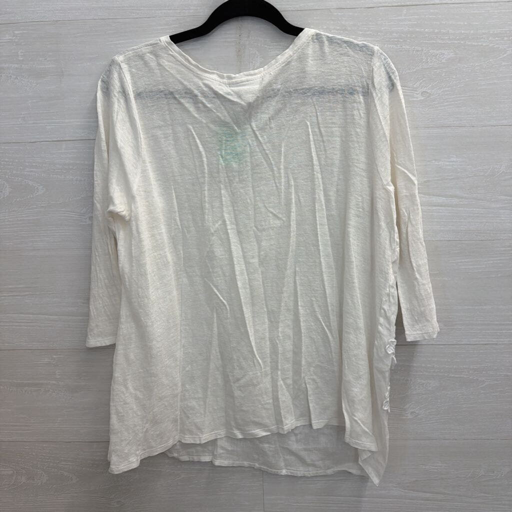 J JIll White 100% Linen Flower Detail Long Sleeve Top Medium