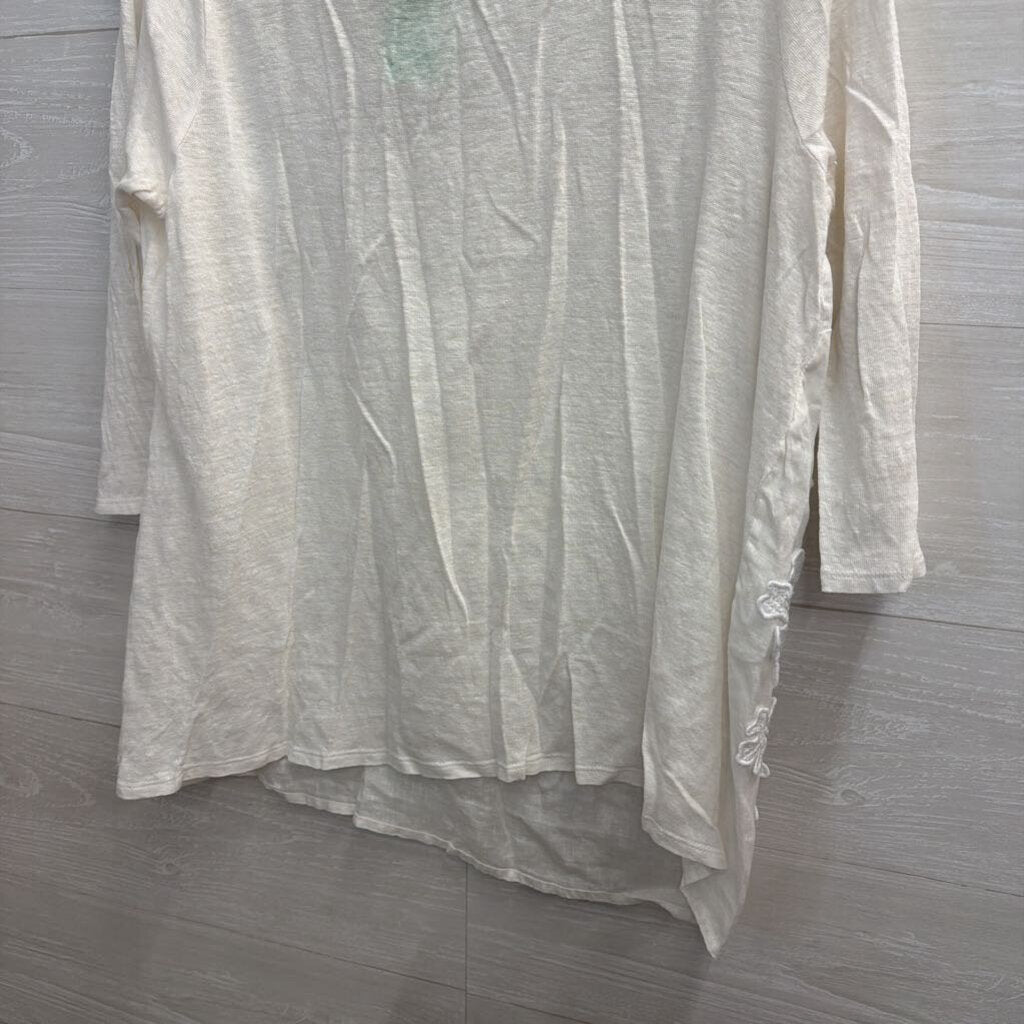 J JIll White 100% Linen Flower Detail Long Sleeve Top Medium
