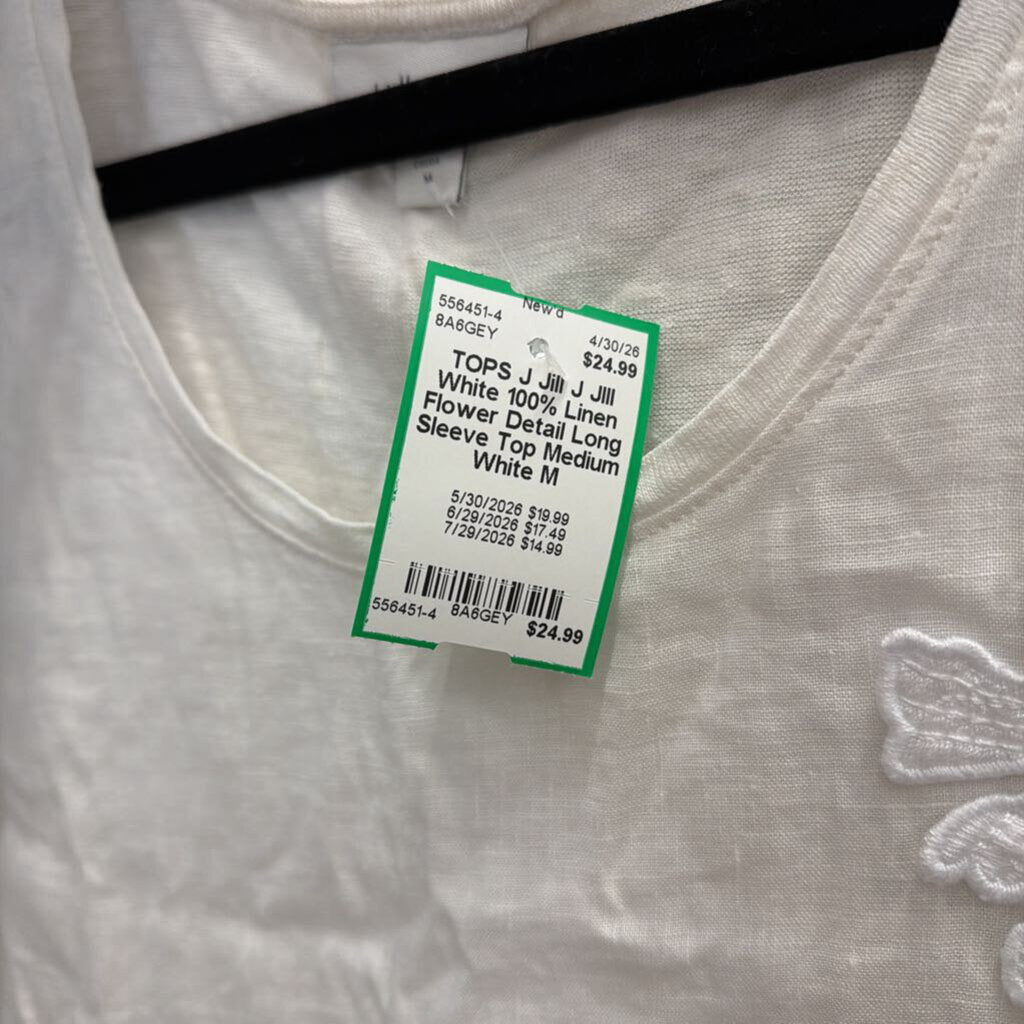 J JIll White 100% Linen Flower Detail Long Sleeve Top Medium