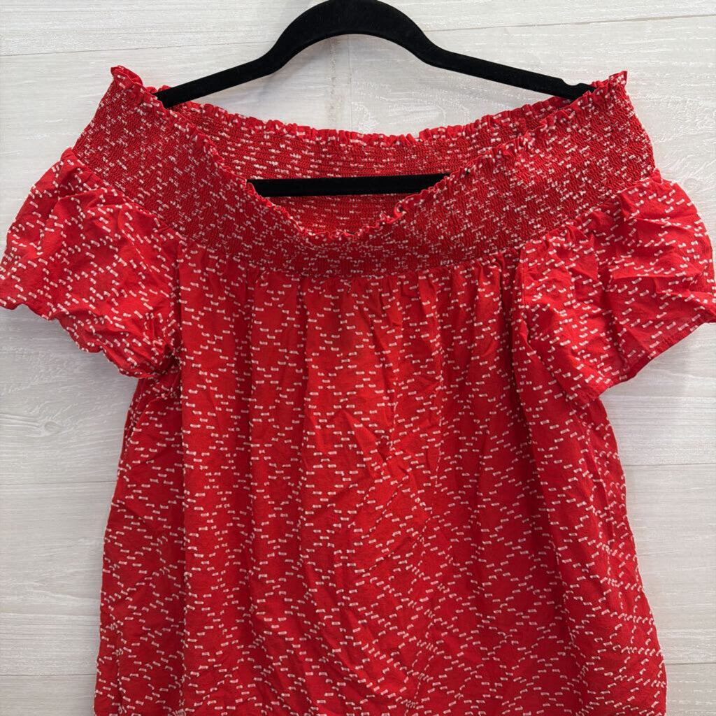 Ann Taylor Red/ White Textured Print Short Sleeve Top Large