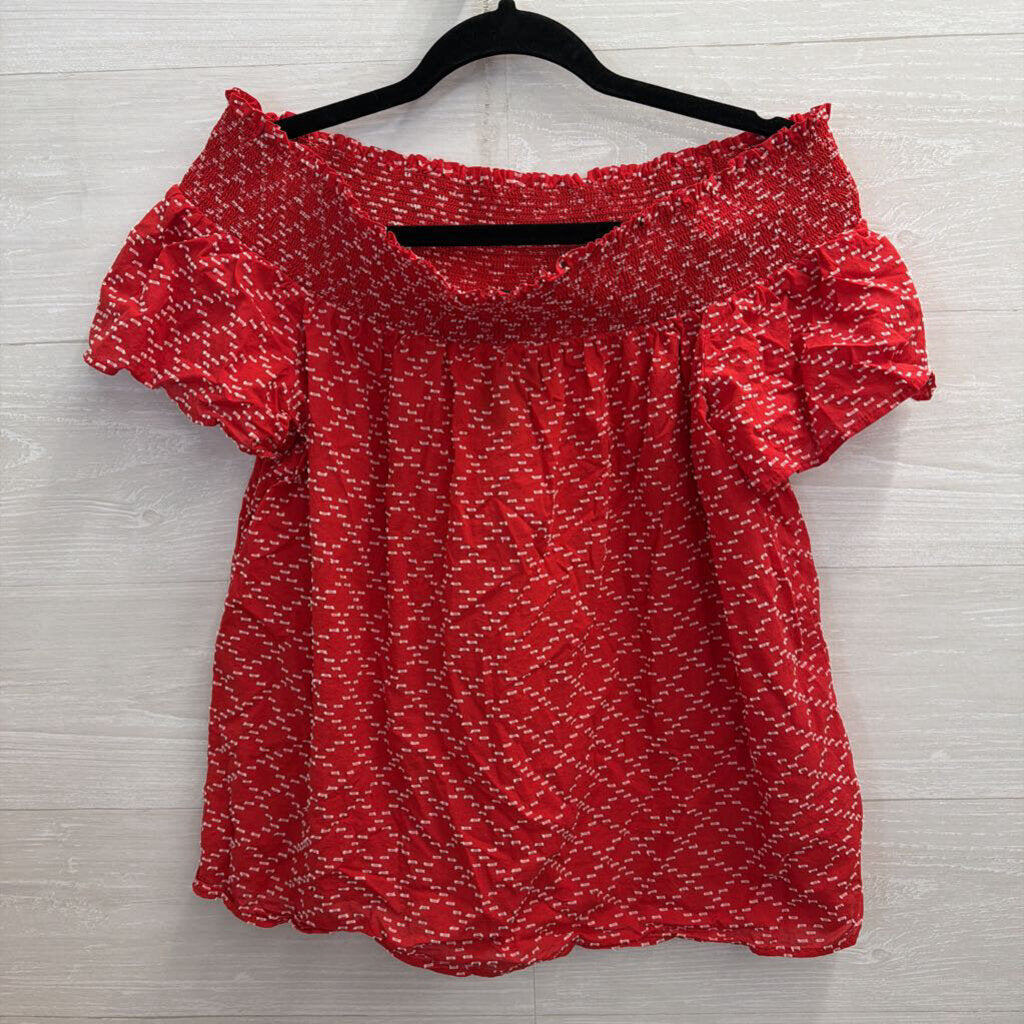 Ann Taylor Red/ White Textured Print Short Sleeve Top Large