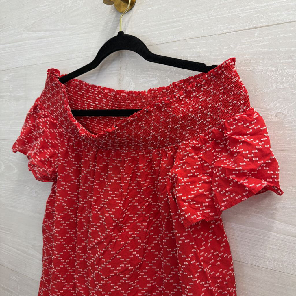 Ann Taylor Red/ White Textured Print Short Sleeve Top Large
