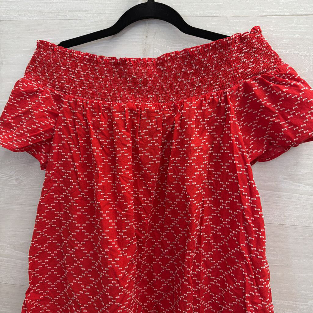 Ann Taylor Red/ White Textured Print Short Sleeve Top Large