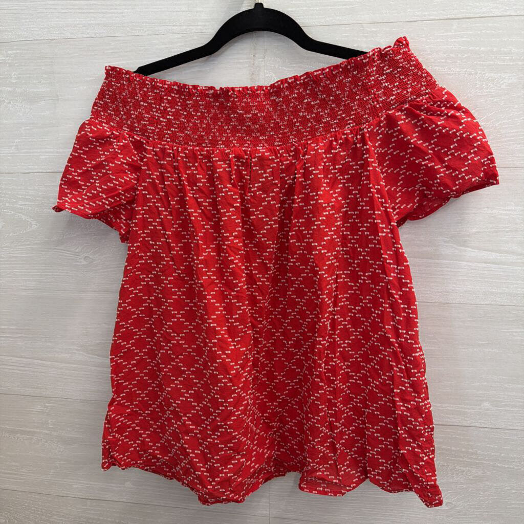 Ann Taylor Red/ White Textured Print Short Sleeve Top Large