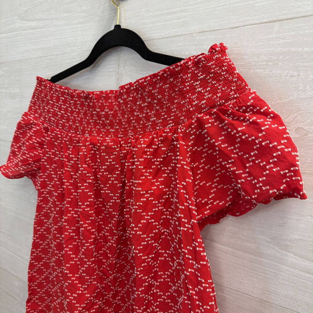 Ann Taylor Red/ White Textured Print Short Sleeve Top Large
