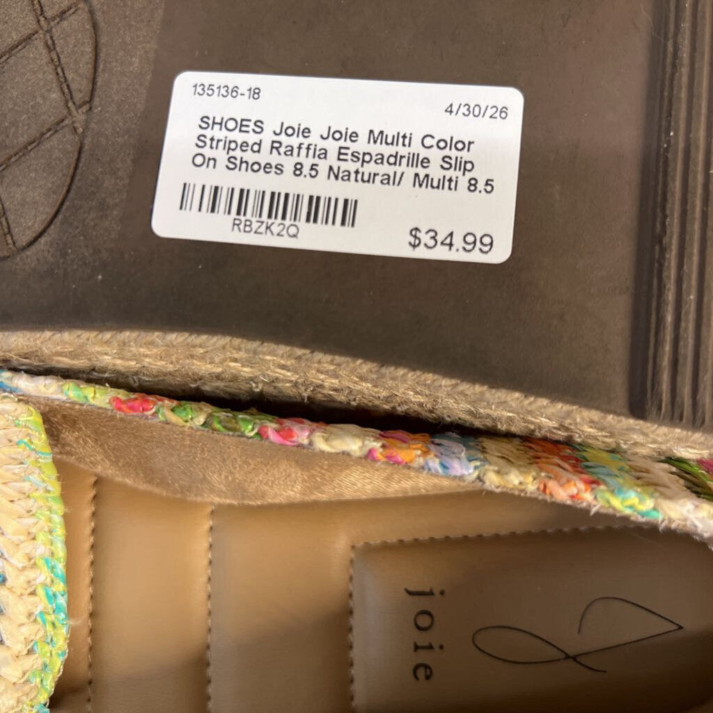 Joie Multi Color Striped Raffia Espadrille Slip On Shoes 8.5