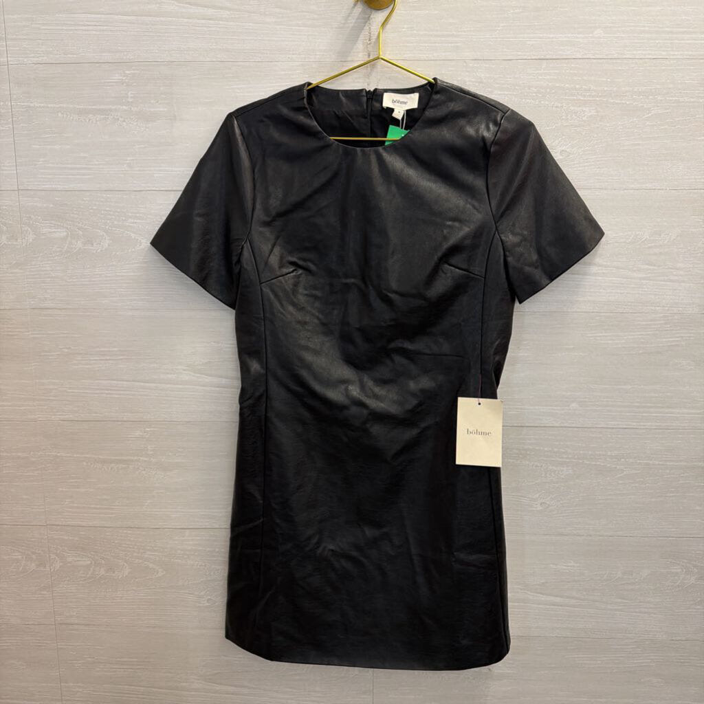 Bohme Black Faux Leather Short Sleeve Shift Dress Medium