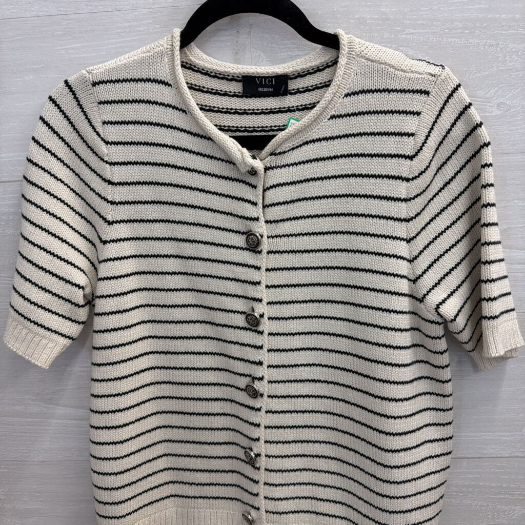 Vici White/ Black Striped Knit Short Sleeve Button Front Sweater Top Medium