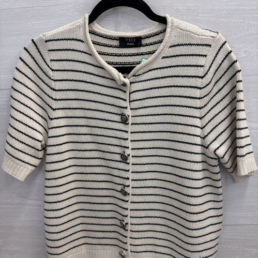 Vici White/ Black Striped Knit Short Sleeve Button Front Sweater Top Medium