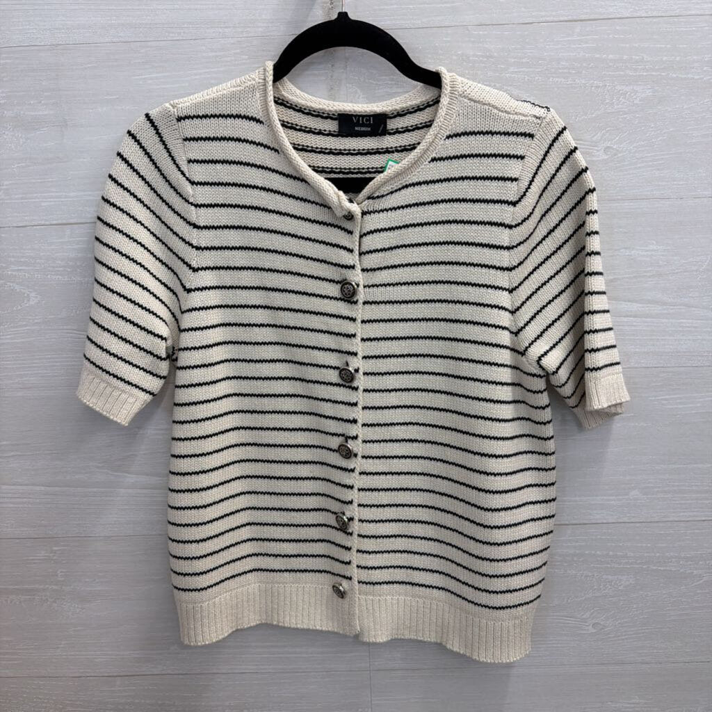 Vici White/ Black Striped Knit Short Sleeve Button Front Sweater Top Medium