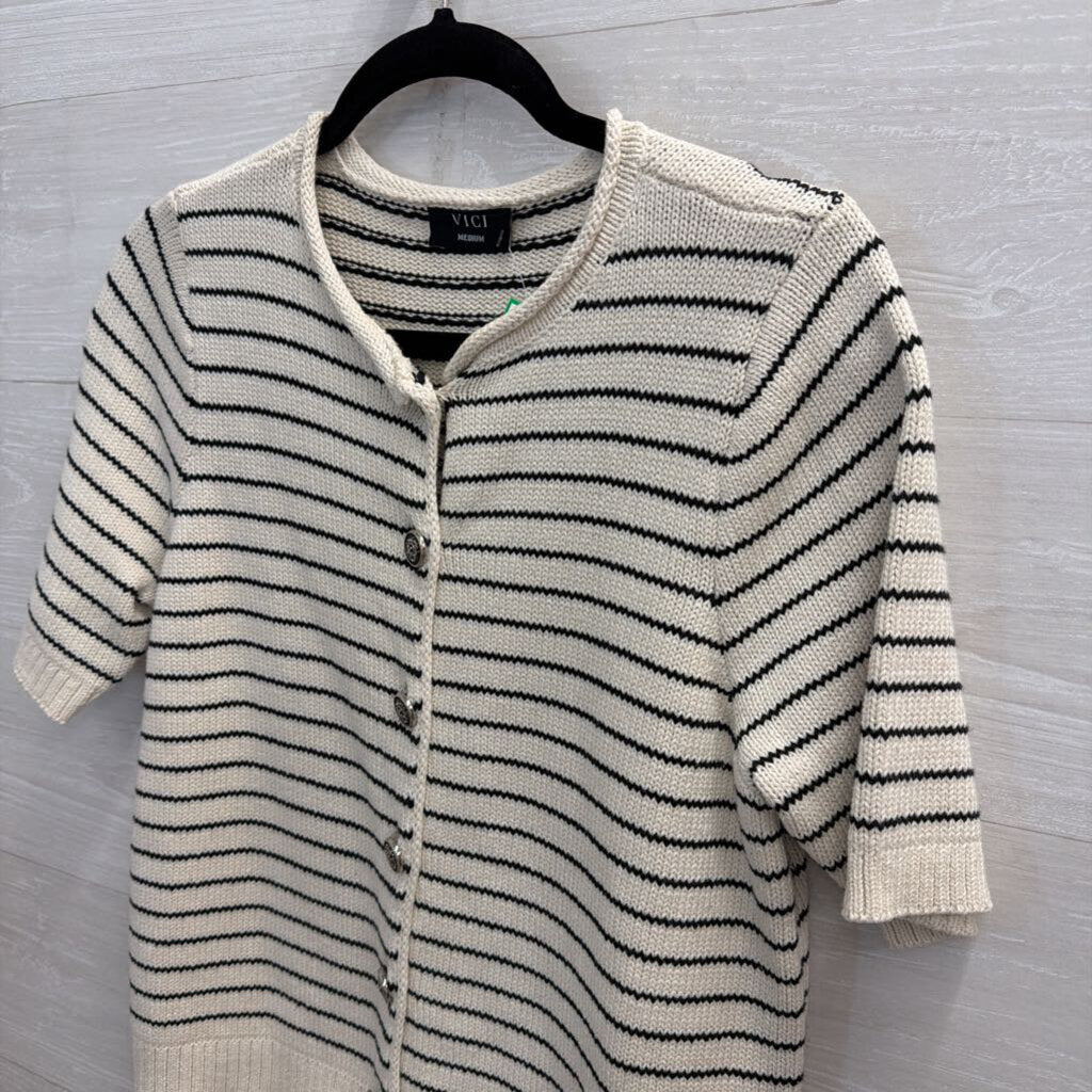 Vici White/ Black Striped Knit Short Sleeve Button Front Sweater Top Medium