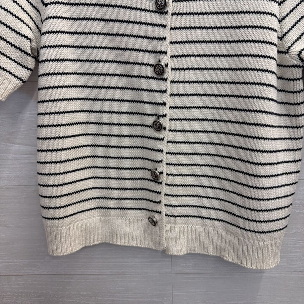 Vici White/ Black Striped Knit Short Sleeve Button Front Sweater Top Medium