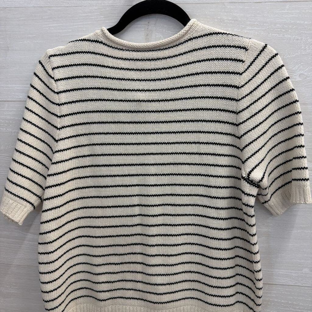 Vici White/ Black Striped Knit Short Sleeve Button Front Sweater Top Medium