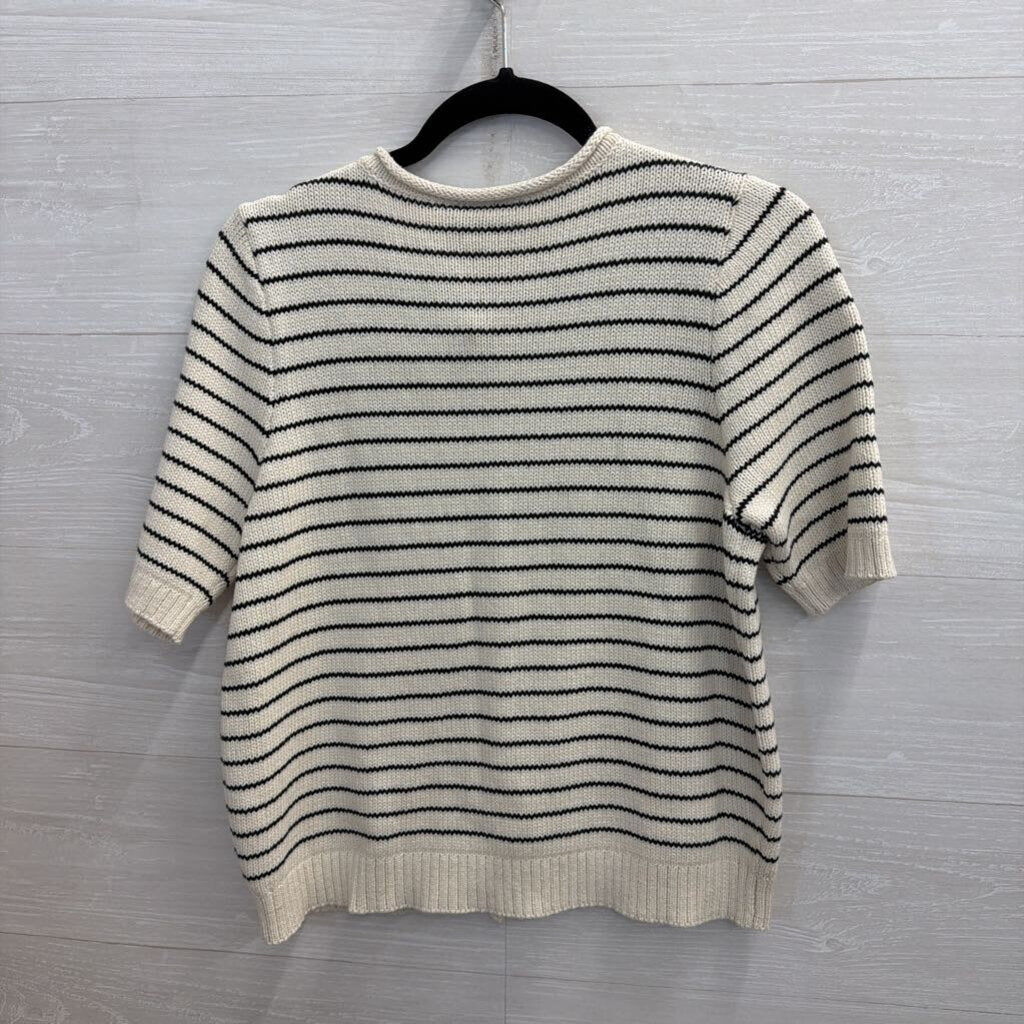 Vici White/ Black Striped Knit Short Sleeve Button Front Sweater Top Medium