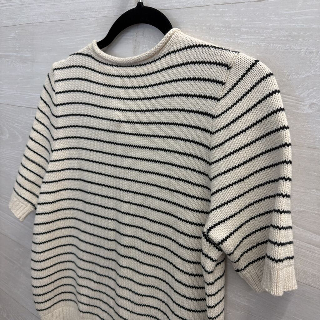 Vici White/ Black Striped Knit Short Sleeve Button Front Sweater Top Medium