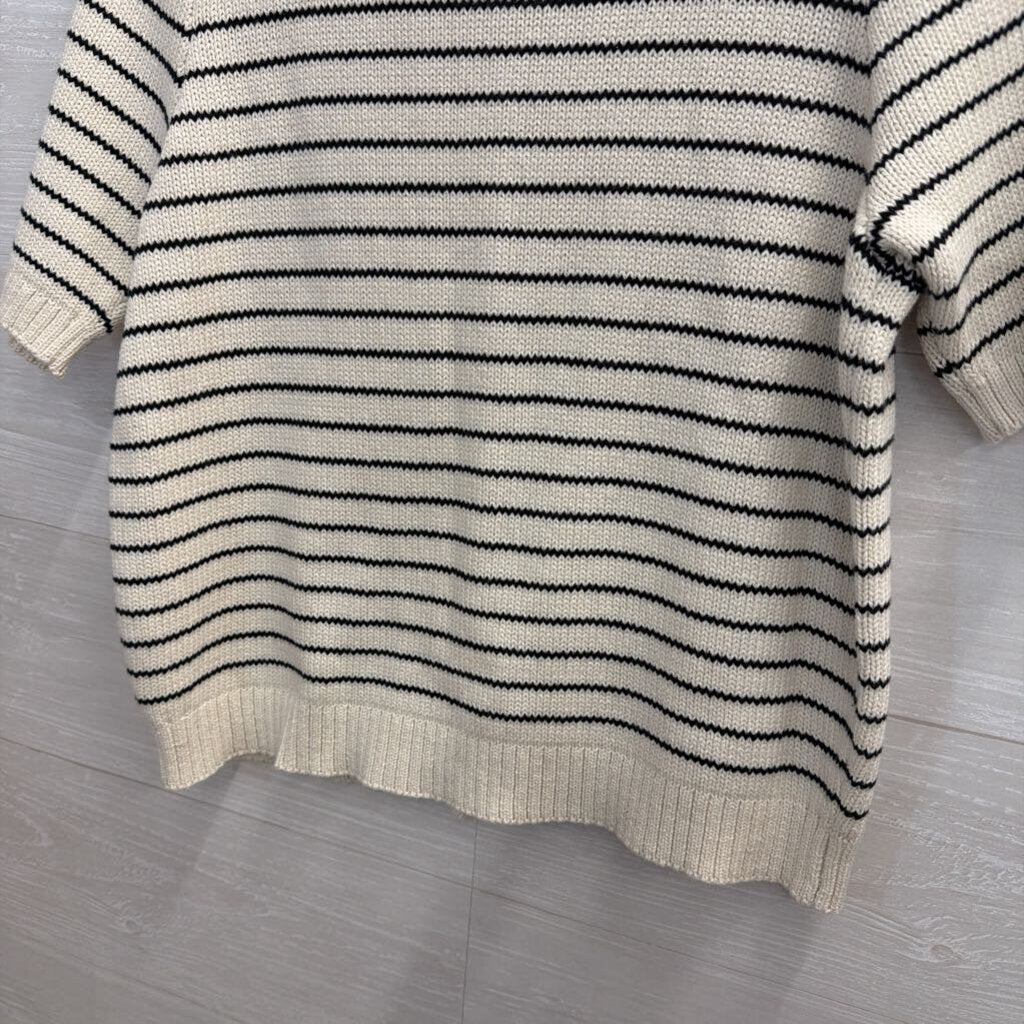 Vici White/ Black Striped Knit Short Sleeve Button Front Sweater Top Medium