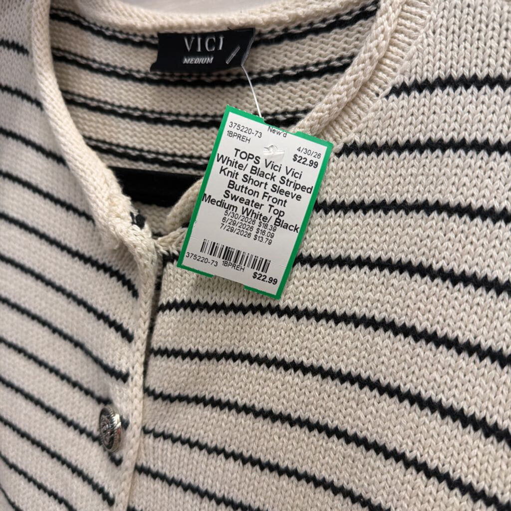 Vici White/ Black Striped Knit Short Sleeve Button Front Sweater Top Medium