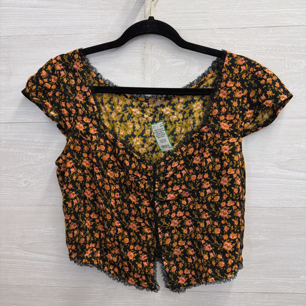 FP One Black/ Red Print Cropped Short Sleeve Top Small