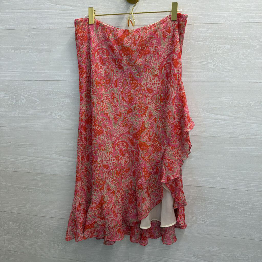 Silkland Pink Print 100% Silk Midi Skirt Large
